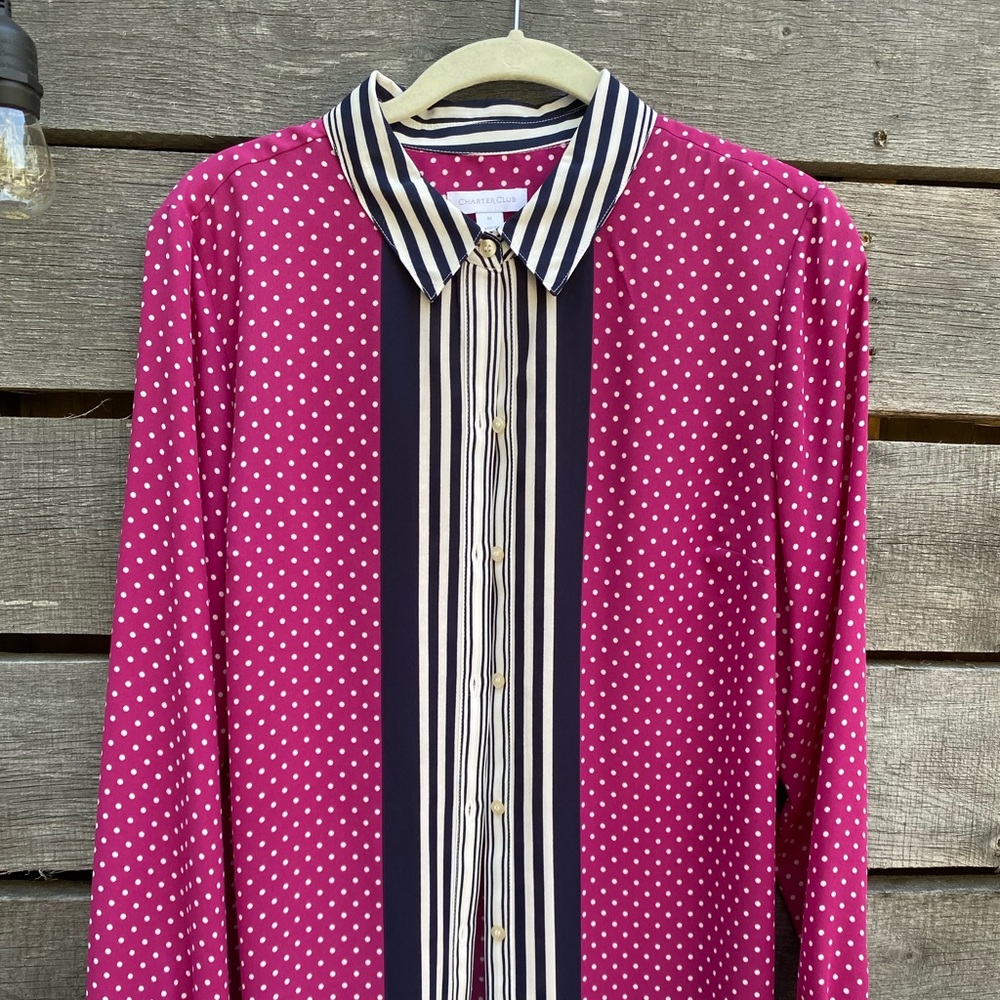 Charter Club Women’s Collared Button Down - Striped / Polka Dots - Size M